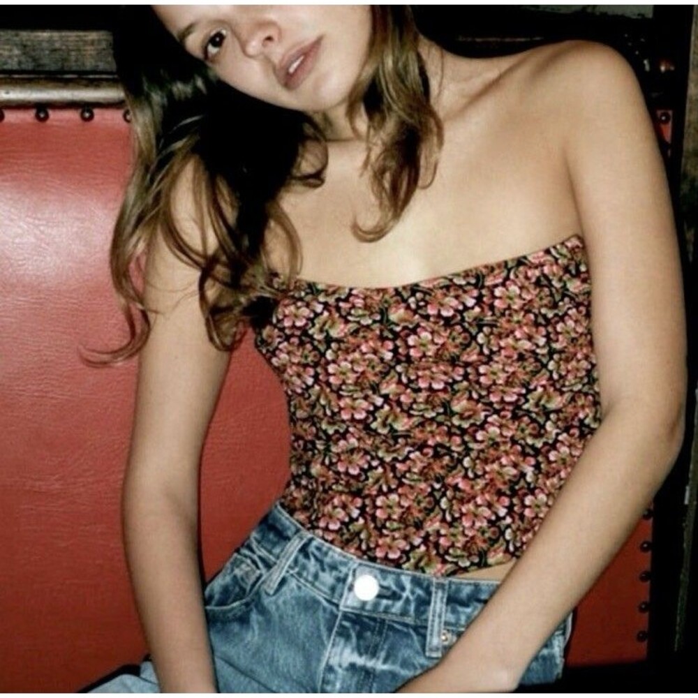 Zara Corset Crop Top Multicolor Floral Strapless Ruched Layers Women’s Small